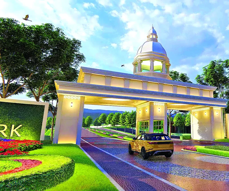 Ilustrasi gerbang utama Lestari Memorial Park Tangerang saat senja dengan lampu menyala