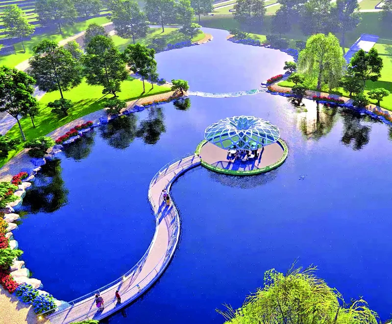 Ilustrasi danau dengan jembatan melengkung menuju paviliun bundar di tengah air