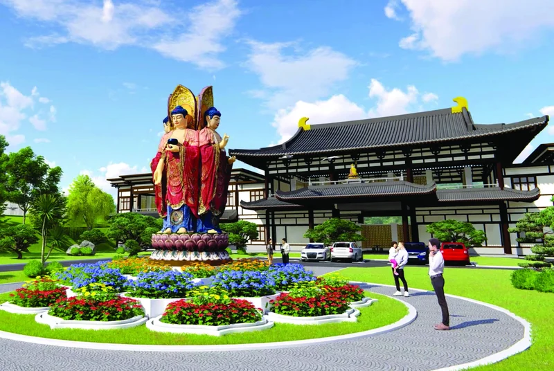 Ilustrasi patung Buddha di atas teratai di depan bangunan bergaya Tionghoa