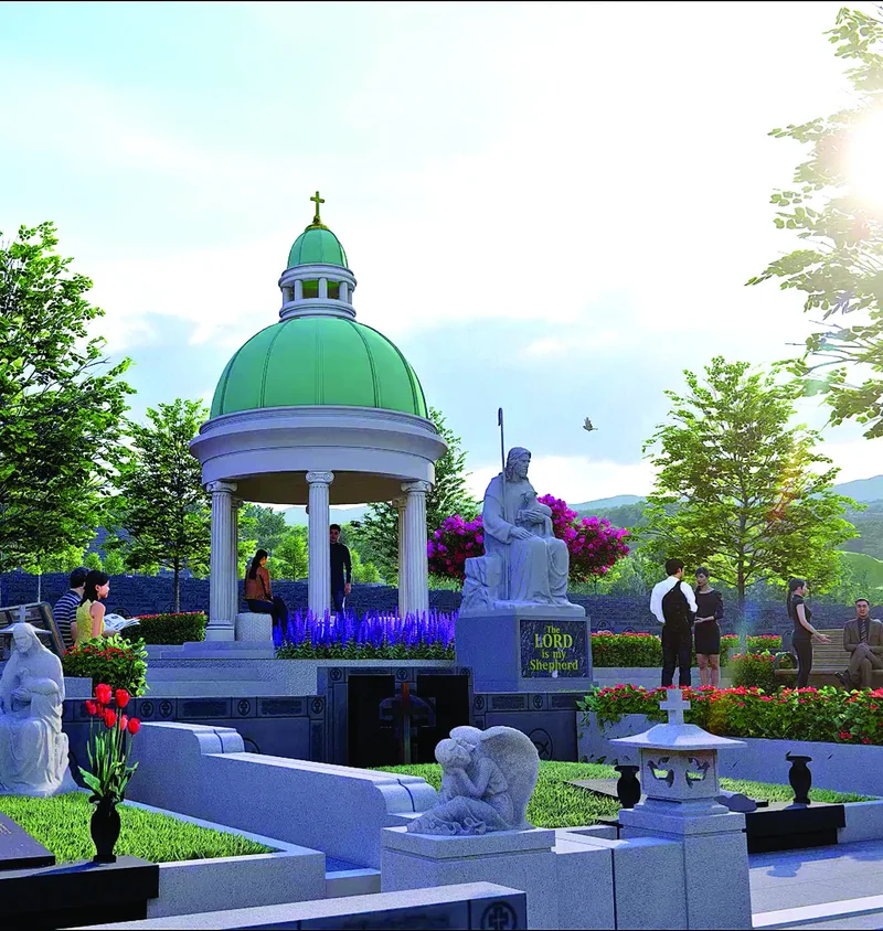 Ilustrasi paviliun kubah hijau bergaya klasik di antara makam bertaman