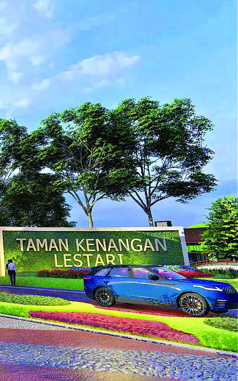 Ilustrasi papan nama Taman Kenangan Lestari di taman bunga dekat jalan masuk