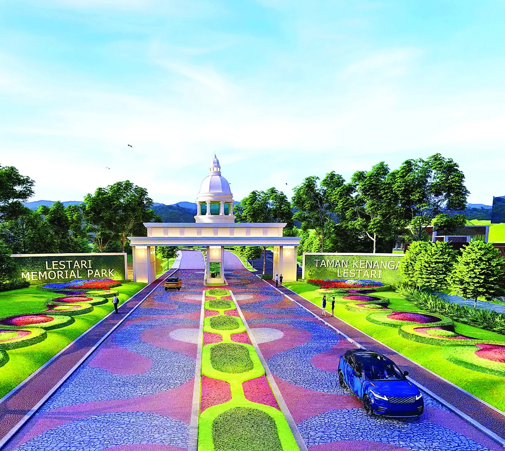 Ilustrasi gerbang utama Lestari Memorial Park Tangerang dengan jalan masuk bertaman bunga