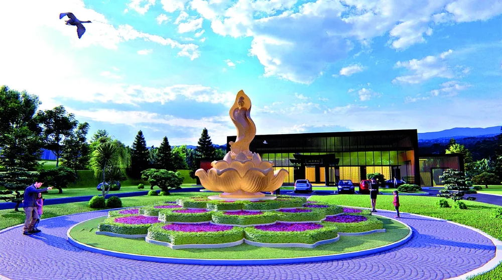 Ilustrasi kolumbarium Buddha: bangunan rumah abu dengan patung teratai besar dan taman bunga melingkar