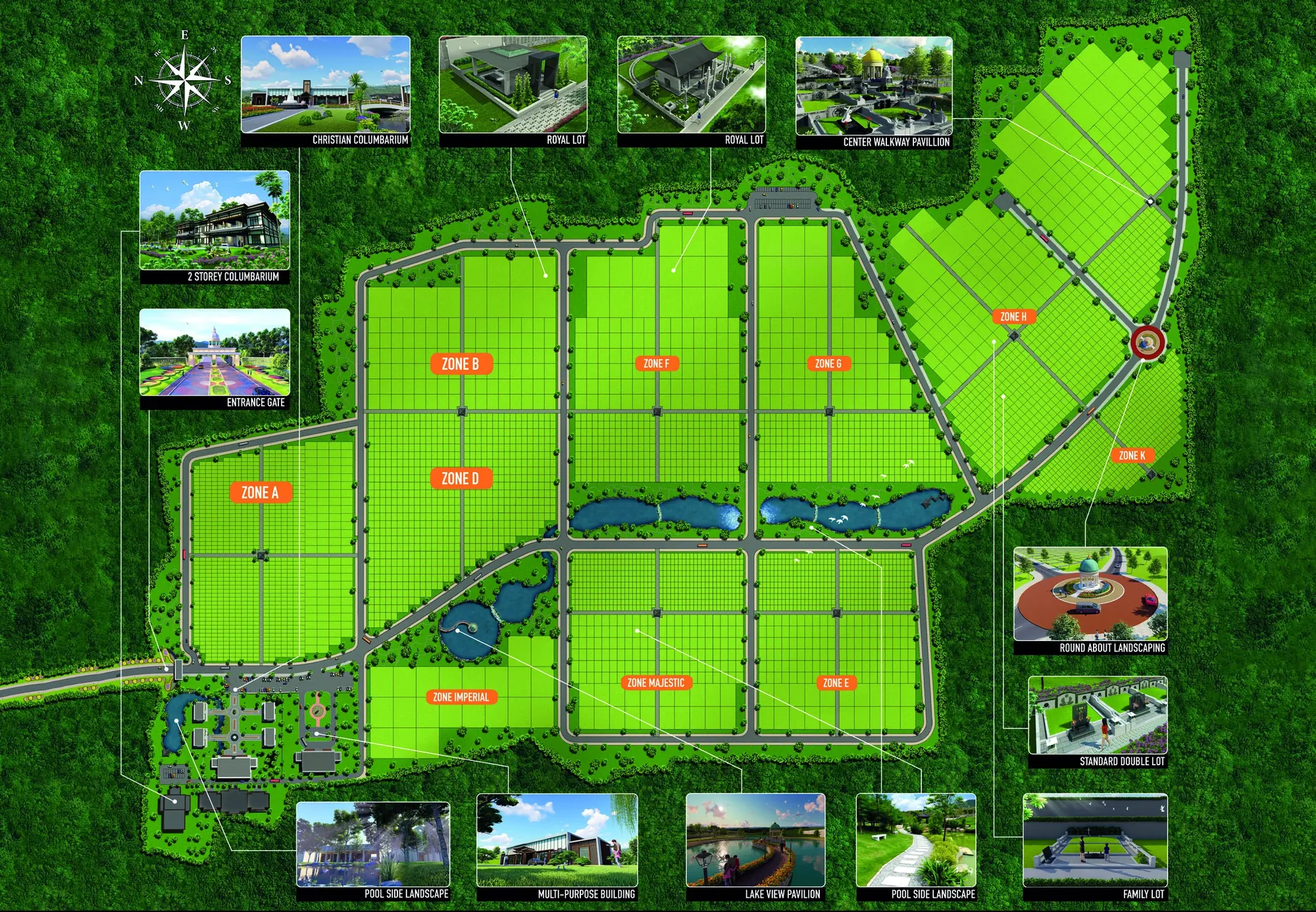 Siteplan Lestari Memorial Park Tangerang: sepuluh zona kavling berwarna hijau, danau memanjang di tengah, dan gambar kecil fasilitas di sekeliling peta